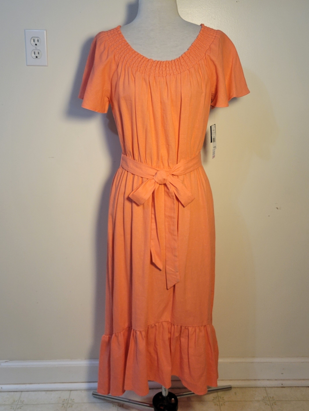 Sandra Darren (Women's 10) Coral Linen Off-the-shoulder Tie-Waist Midi Dress